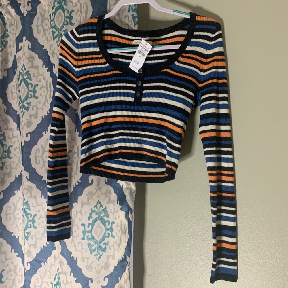 Multi-colored Striped, Long Sleeve Crop w/ Buttons
